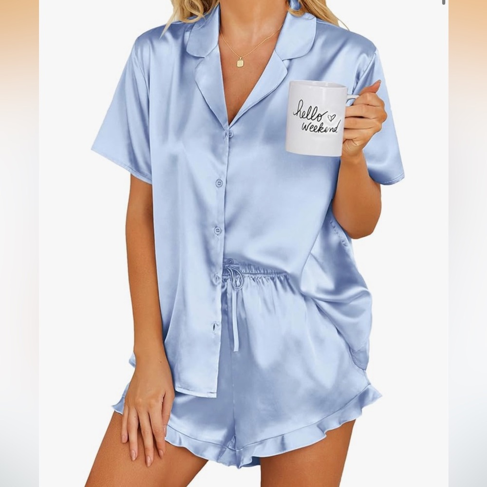 Satin Short Pajama Set - Light Blue